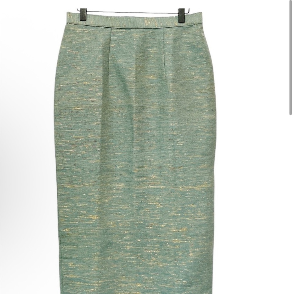 Vintage Handmade 2 Piece Green Gold Midi Skirt Fitted Bodice Sz M